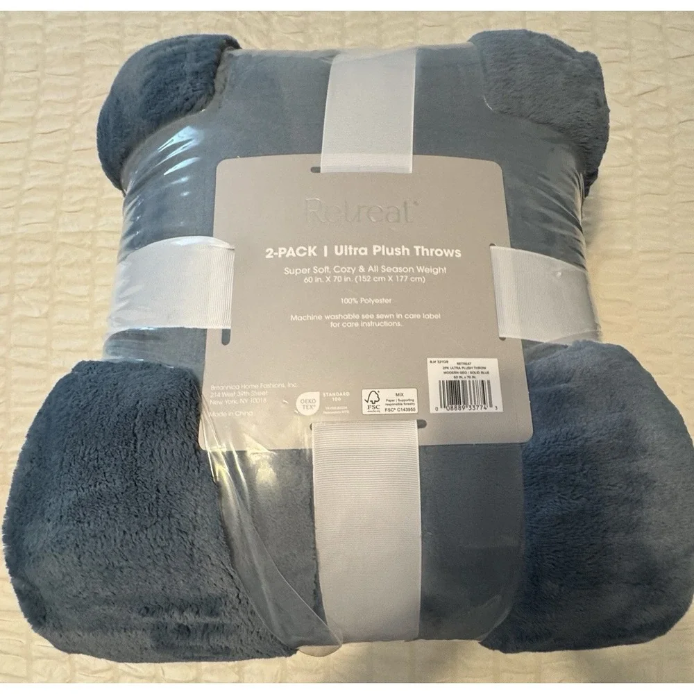 Retreat 2 Pack Plush Throw Modern Geo & Solid Blue 60